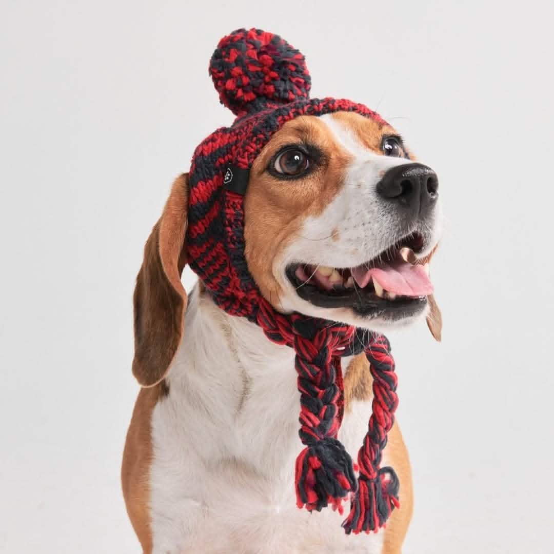 Knit Pom Pom Dog Beanie Hat Red & Black SPARK PAWS