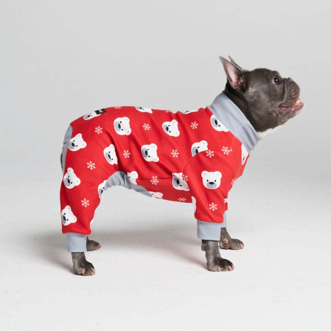 Snowball Shenanigans Dog Pajama with Red Neck & Trim/Sleeves