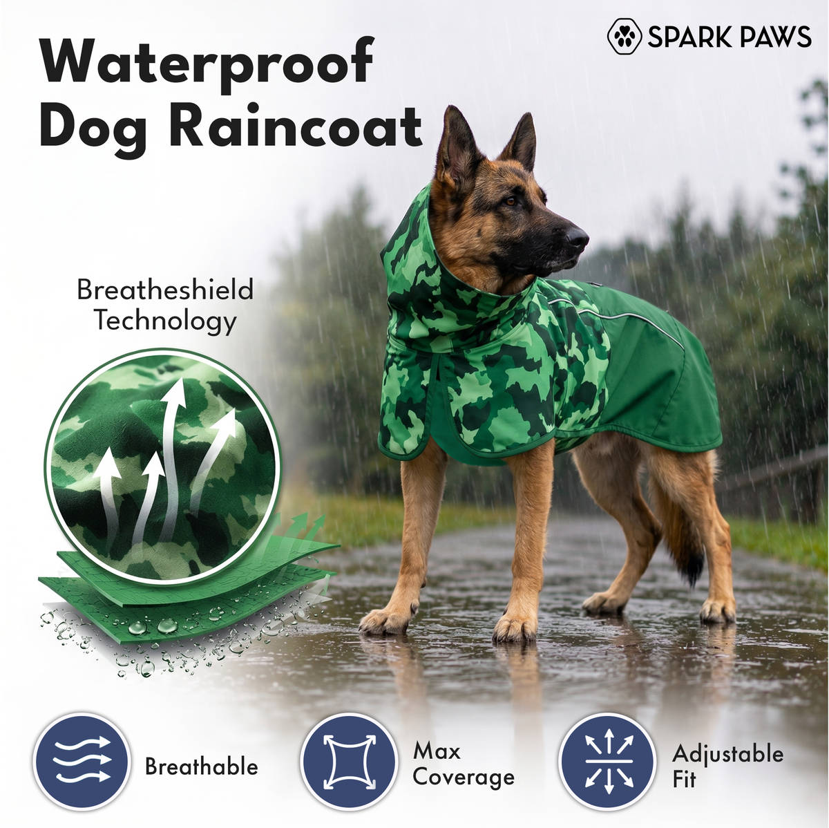 Breatheshield™ Dog Raincoat - Camo Green – SPARK PAWS