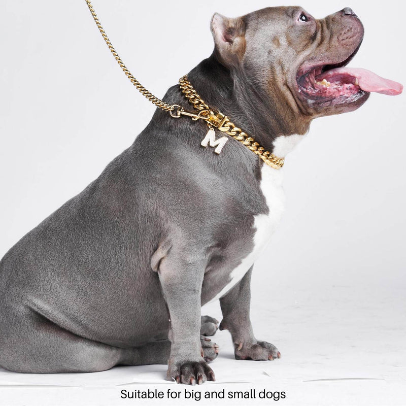Gold Dog Chain Choke Collar,solid Cuban Link Strong, Heavy Duty Chew  Resistant With Design Secure Buckle And Blank Bone Shape Id Tag18in
